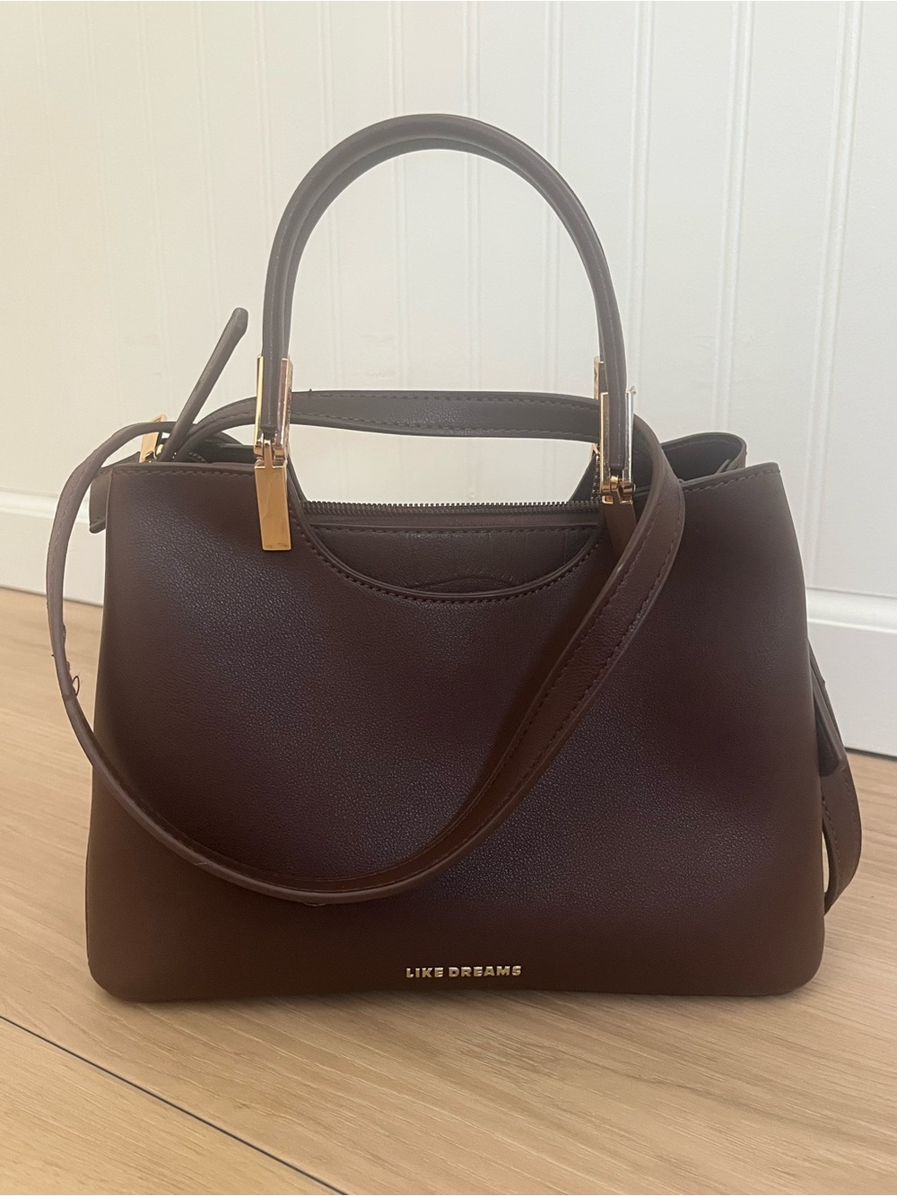 Like Dreams Cherry Chocolate Brown Satchel Crossbody Handbag Gold Hardware